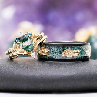 Green moss agate couples ring set with gold leaf details