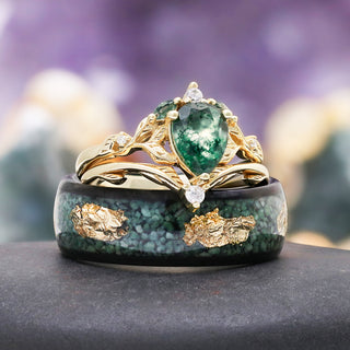 Green moss agate gold leaf couples ring set lifestyle photo