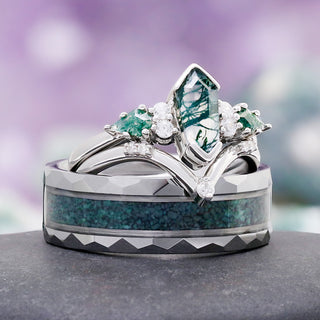Hexagon Coffin Green Moss Agate Couples Ring Set