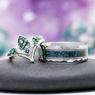 Hexagon Coffin Green Moss Agate Couples Ring Set