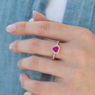 Heart Cut Ruby Promise Ring in 14K Rose Gold Vermeil by Aquamarise, featuring a vibrant heart-shaped ruby with diamond accents on a delicate rose gold vermeil band.