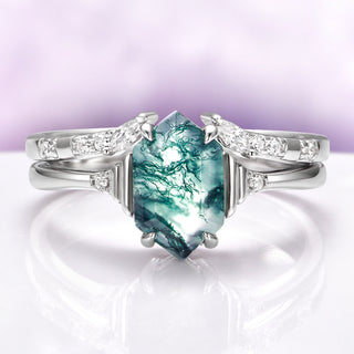 Hexagon Green Moss Agate Stacking Ring Set in Sterling Silver by Aquamarise, featuring a hexagon moss agate gemstone with delicate diamond accents on polished sterling silver bands.