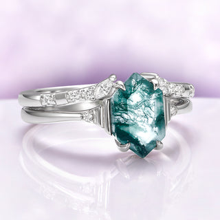 Hexagon Green Moss Agate Stacking Ring Set in Sterling Silver featuring a hexagon moss agate with delicate silver bands and white accent stones by Aquamarise.