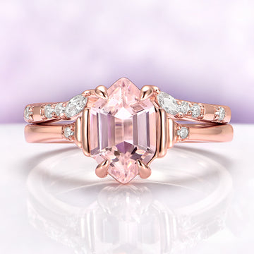 Hexagon Morganite Engagement Ring Set in 14K Solid Rose Gold by Aquamarise Gold featuring a blush pink hexagon-cut morganite with diamond accents on rose gold bands, a unique engagement ring set.