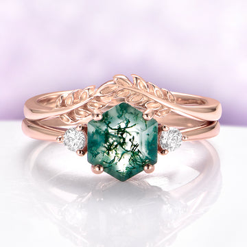 Hexagon Moss Agate & Whiskey Barrel Couples Rings Set featuring a rose gold hexagon moss agate ring with leaf details and complementary bands by Aquamarise in matching couples' rings collection.