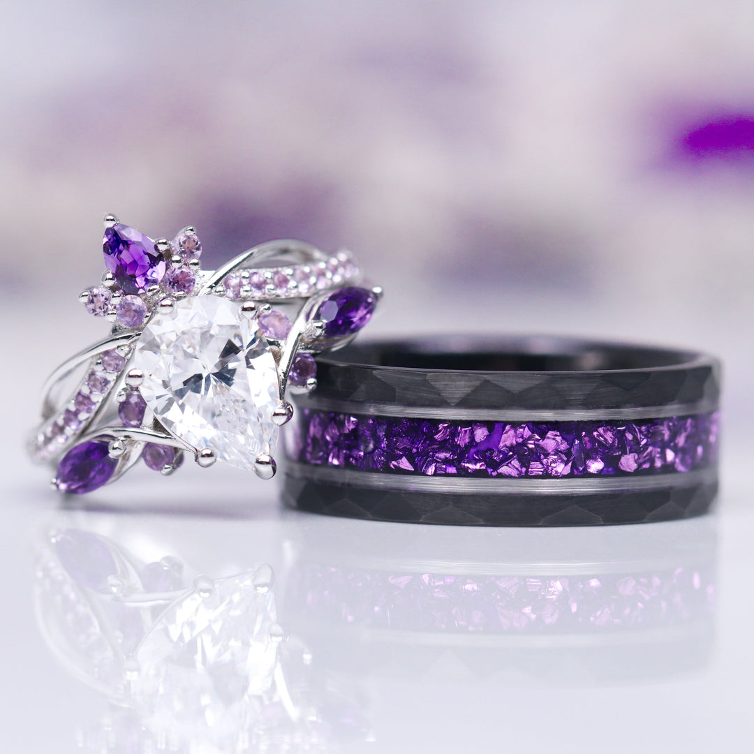 Feyre Amethyst & Diamond (cz) Leaf Couples Ring