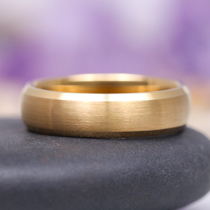Beveled Edge Wedding Band - 6MM Yellow Gold Tungsten Carbide