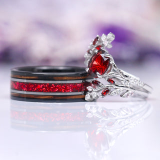 Red Garnet Leaf Ring Guard in 14K White Gold