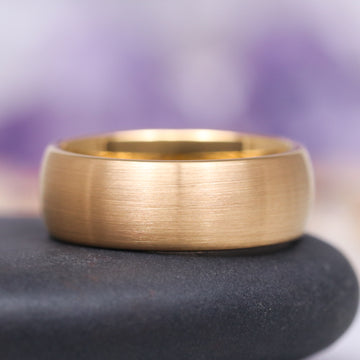 Satin Wedding Band in 14K Solid Yellow Gold (8MM) by Aquamarise Gold showcases a wide 8mm band with a soft satin-brushed finish, offering a timeless and comfortable design for men’s and women’s solid gold rings collections.