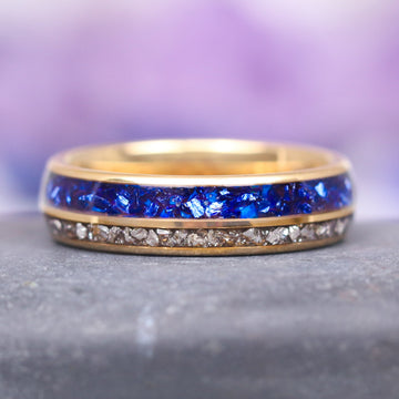 Sapphire & Simulated Diamond Band- 6MM Gold Tungsten ring by Aquamarise, featuring a 6mm gold tungsten band with vibrant blue sapphire and crushed simulated diamond inlays, part of Men's Wedding Bands and Birthstone Jewelry collections.