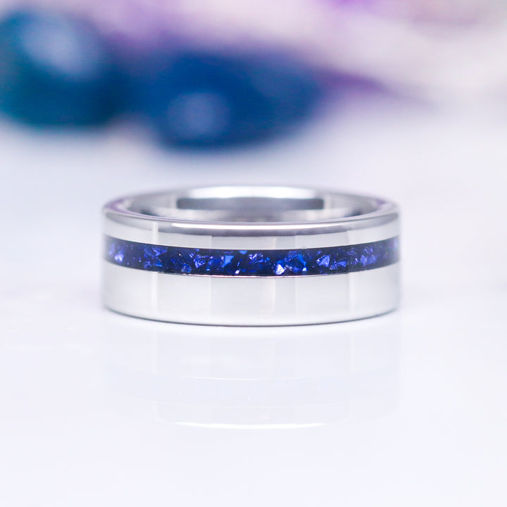 Crushed Blue Sapphire Wedding Band- 8MM Tungsten