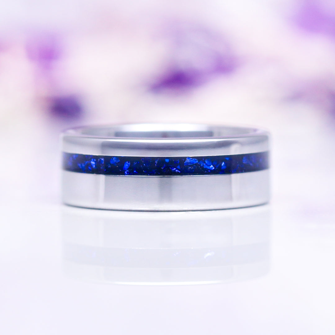 Crushed Blue Sapphire Wedding Band- 8MM Tungsten