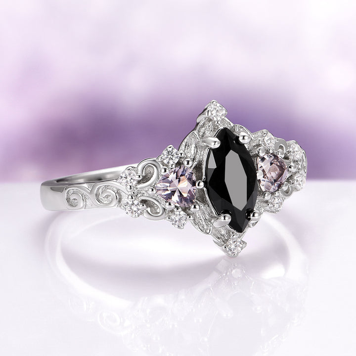 Elain Black Onyx Dark Fairy Leaf Ring in Sterling Silver