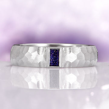 Starry Night Hammered Wedding Band in 14K White Gold (5.5mm), featuring a hammered texture with a deep blue accent, crafted by Aquamarise Gold for elegant, unisex wedding jewelry.