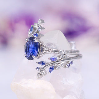 Cornflower Sapphire Fairy Leaf Ring Set- Sterling Silver