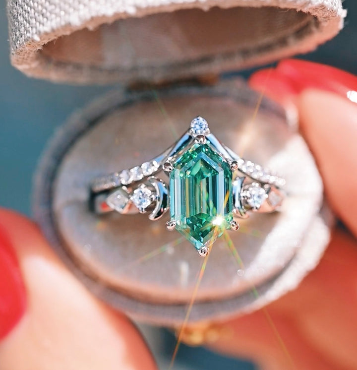 Elara Pacific Green Moissanite & Crescent Moon Engagement Ring Set in 14K White Gold