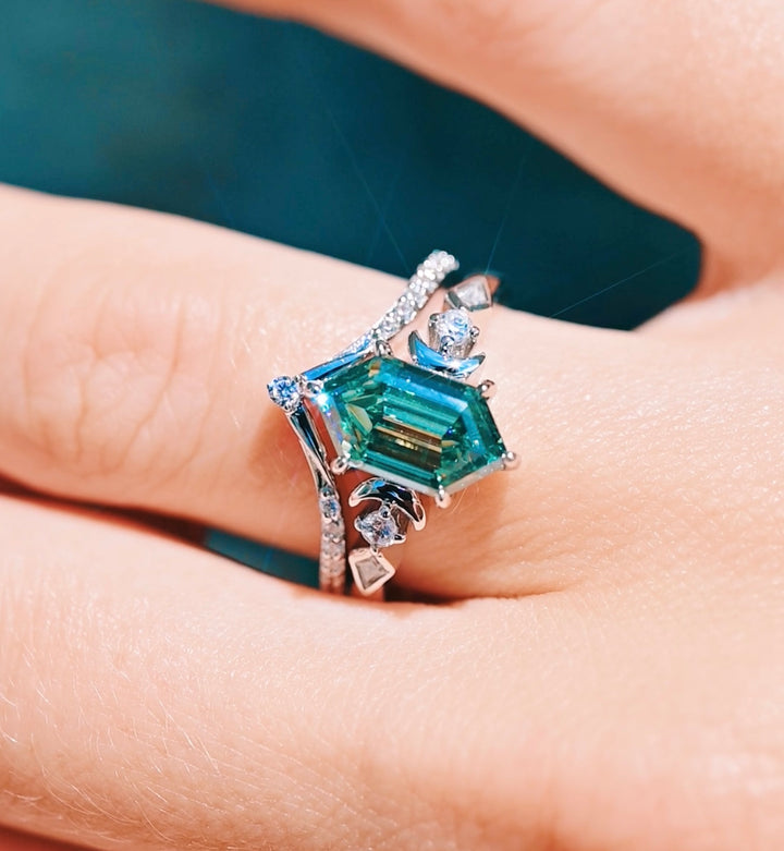 Elara Pacific Green Moissanite & Crescent Moon Engagement Ring Set in 14K White Gold