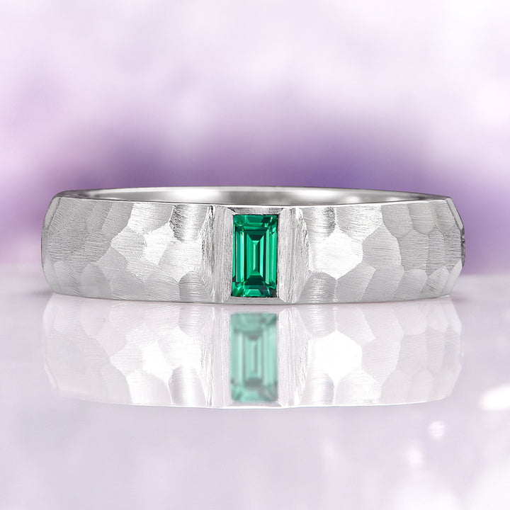 Bezel Emerald Hammered Wedding Band in Sterling Silver (5.5mm)
