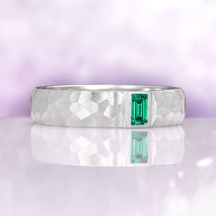 Bezel Emerald Hammered Wedding Band in Sterling Silver (5.5mm)