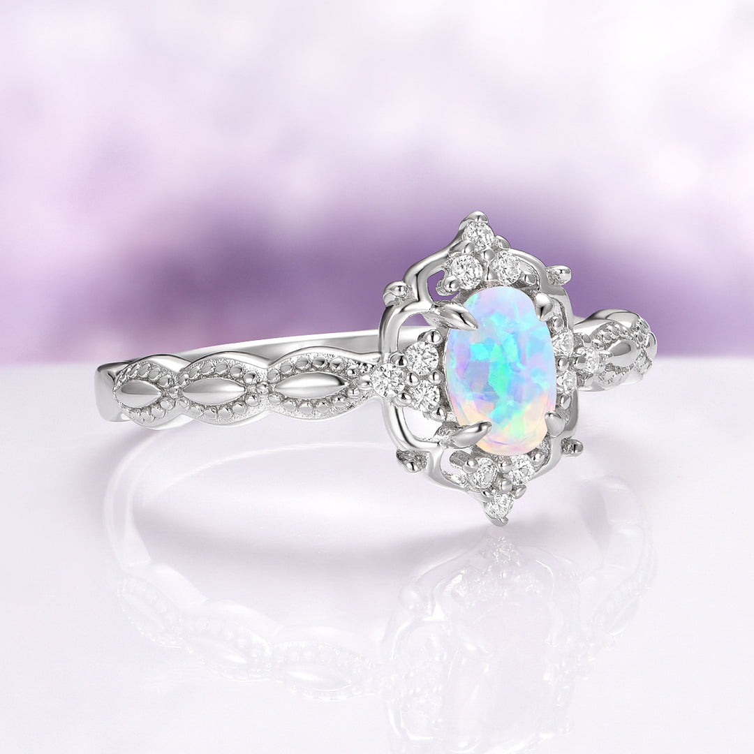 Claire Vintage Australian Opal Engagement Ring in 14K White Gold