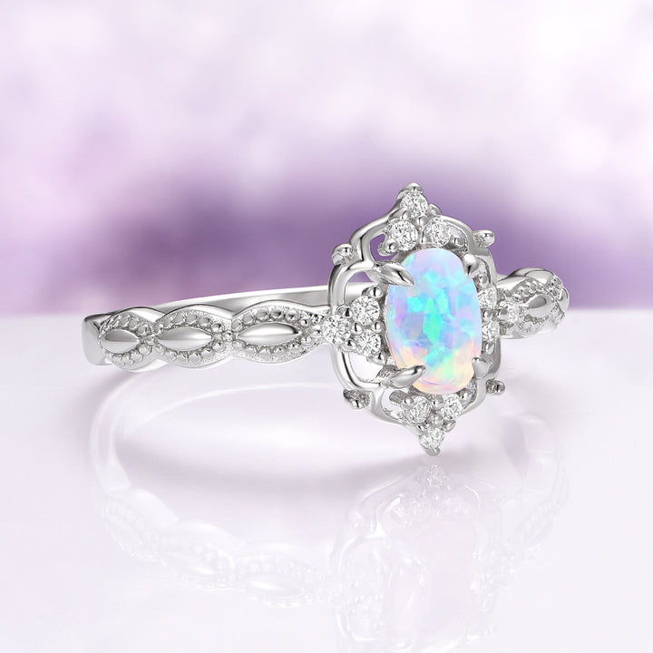 Claire Vintage Australian Opal Engagement Ring in 14K White Gold