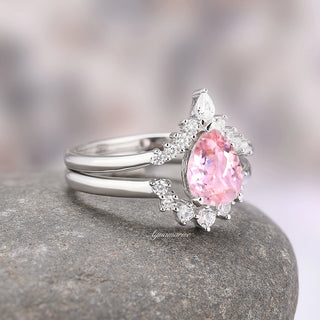 Lunette Teardrop Natural Pink Tourmaline Engagement Ring Set in 14K White Gold