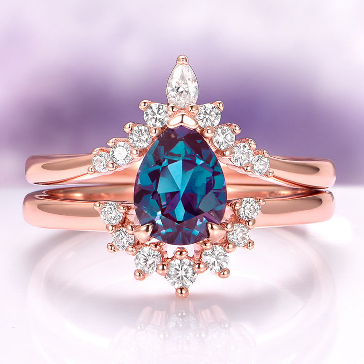 Lunette Teardrop Alexandrite Engagement Ring Set in 14K Solid Rose Gold