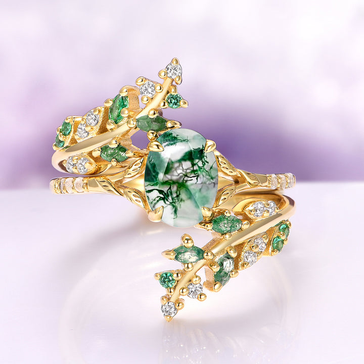 Green Moss Agate & Emerald Leaf Engagement Ring Set in 14K Solid Yellow Gold