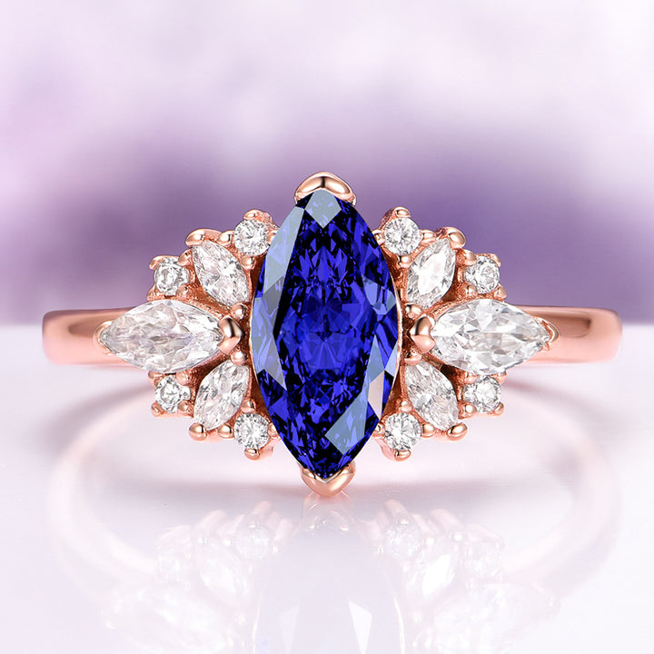 Adeline Marquise Cut Blue Sapphire Flower Ring in 14K Rose Gold Vermeil