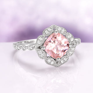Cushion Cut Art Deco Morganite Ring in Sterling Silver by Aquamarise, featuring a peach-pink simulated morganite surrounded by intricate pavé diamonds on a vintage-inspired band.