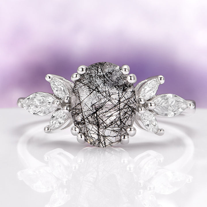Eva Black Rutilated Quartz Engagement Ring in 14K White Gold