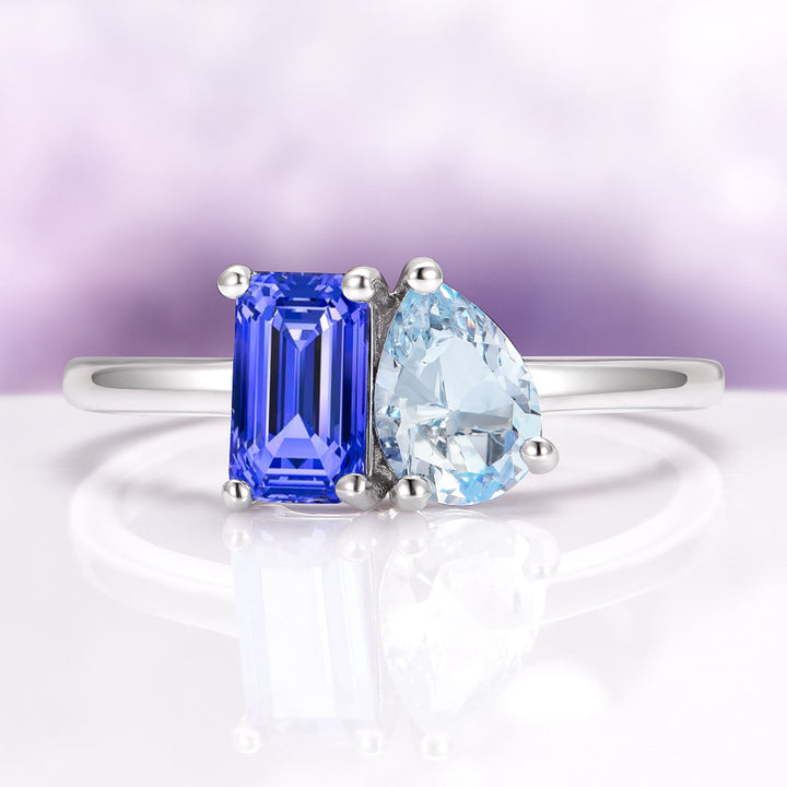 Toi Et Moi Blue Sapphire and Aquamarine Ring in Sterling Silver