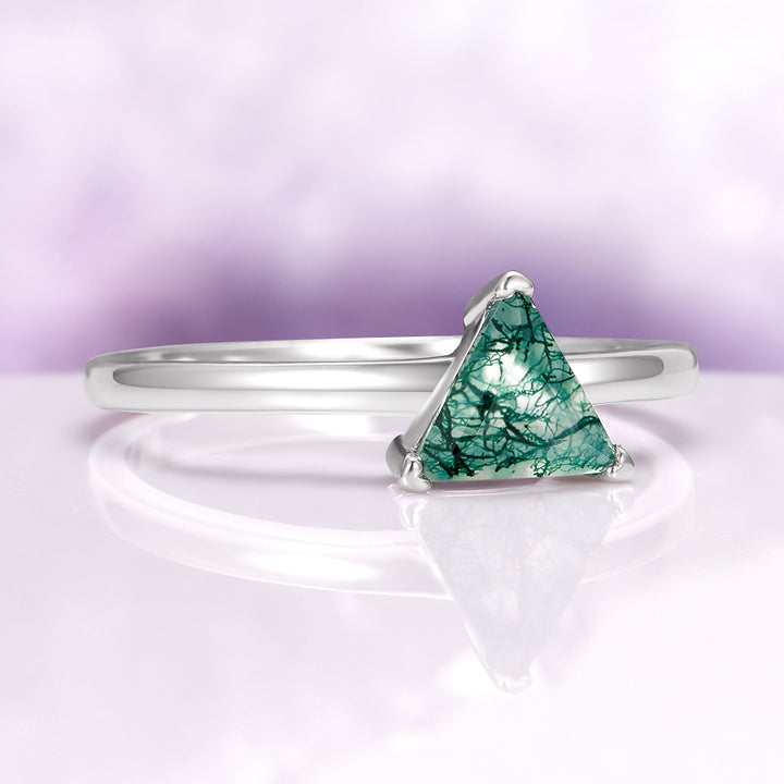 Triangle Green Moss Agate Engagement Ring in 14K White Gold