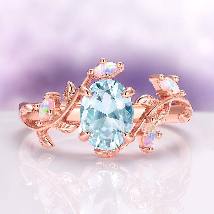 Aquamarine & Fire Opal Leaf Couples Ring