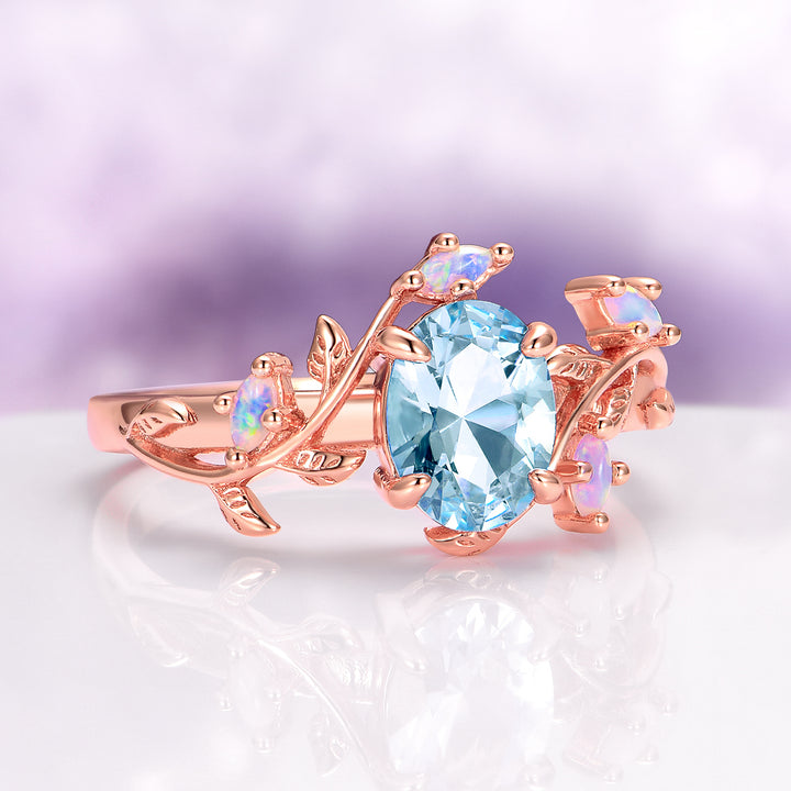 Aquamarine & Fire Opal Leaf Couples Ring