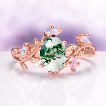 Green Moss Agate and Fire Opal Leaf Engagement Ring in 14K Solid Rose Gold by Aquamarise Gold featuring nature-inspired design with moss agate and glowing fire opal accents.