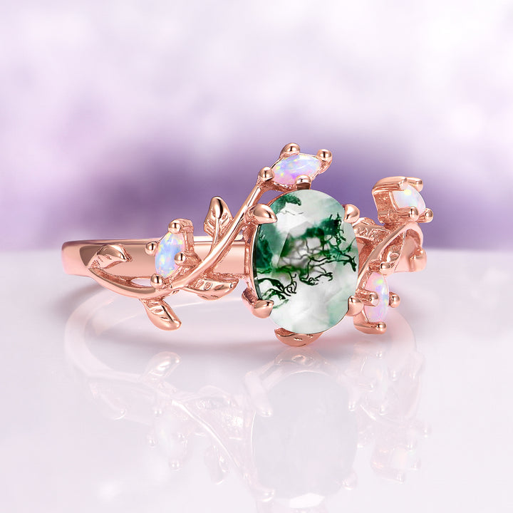 Green Moss Agate & Opal Leaf Ring in 14K Rose Gold Vermeil