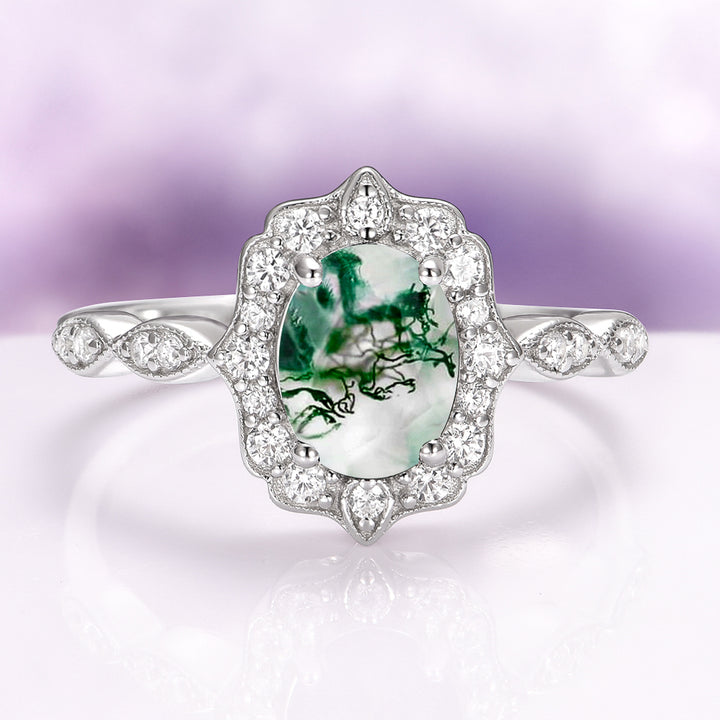 Cordelia Green Moss Agate Vintage Engagement Ring in 14K White Gold