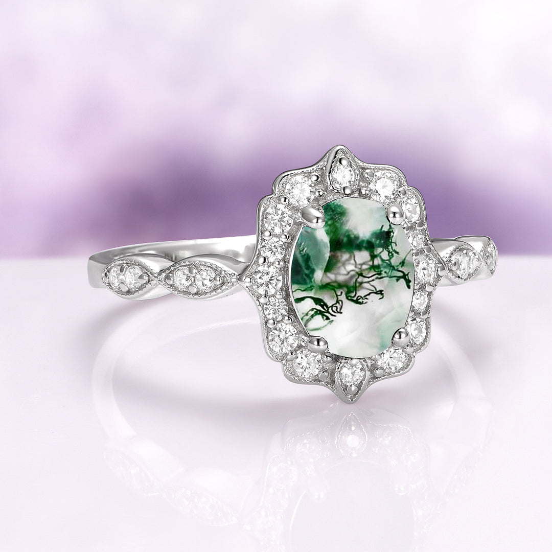 Cordelia Green Moss Agate Vintage Engagement Ring in 14K White Gold