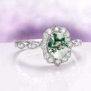 Cordelia Green Moss Agate Vintage Engagement Ring in 14K White Gold
