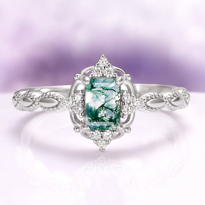 Claire Green Moss Agate Engagement Ring in 14K White Gold