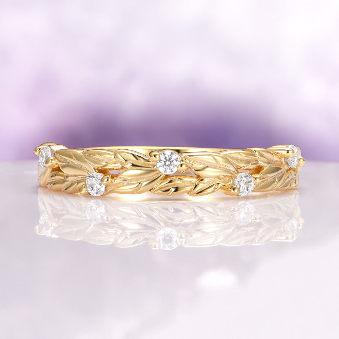 Diamond Leaf Wedding Band in 14K Solid Yellow Gold