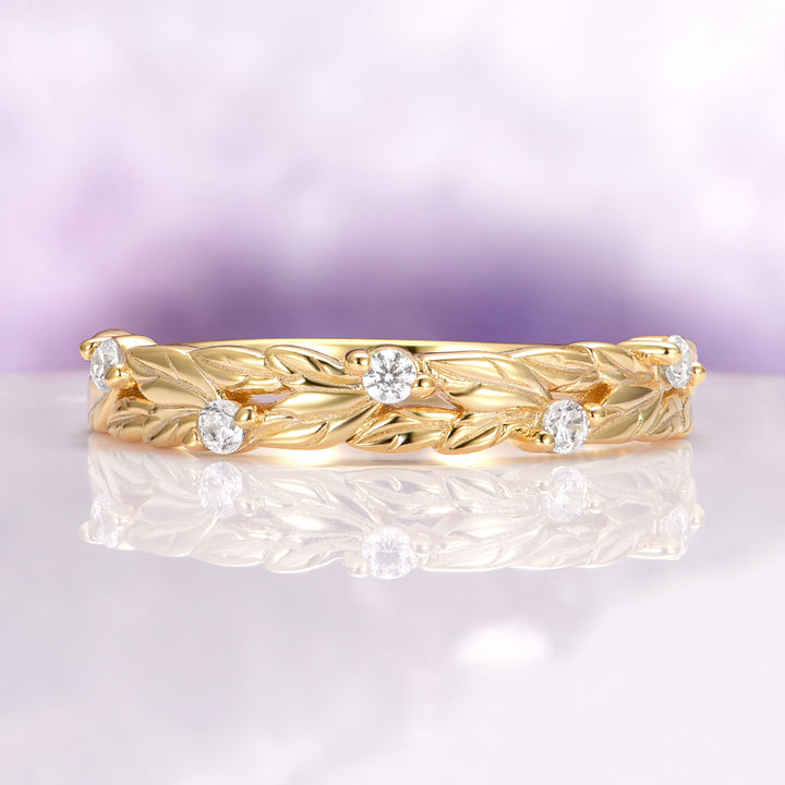Diamond Leaf Wedding Band in 14K Solid Yellow Gold
