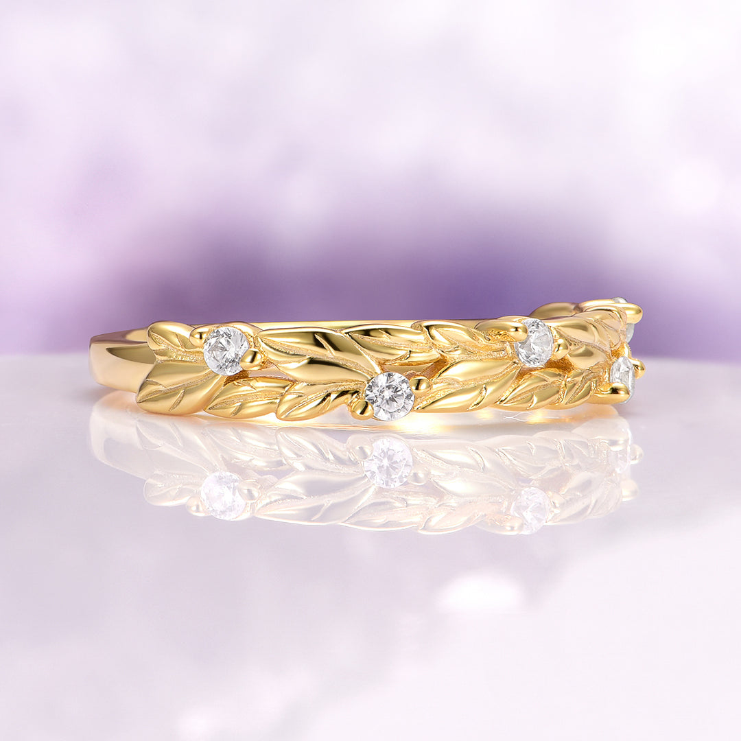 Diamond Leaf Wedding Band in 14K Solid Yellow Gold