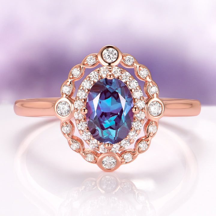Valentina Art Deco Alexandrite Engagement Ring in 14K Solid Rose Gold