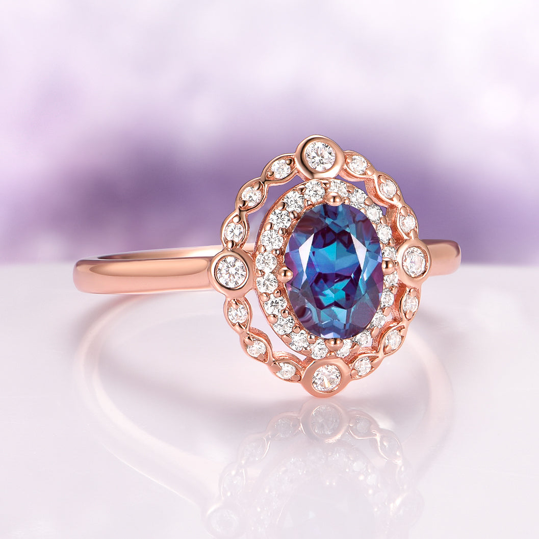 Valentina Art Deco Alexandrite Engagement Ring in 14K Solid Rose Gold
