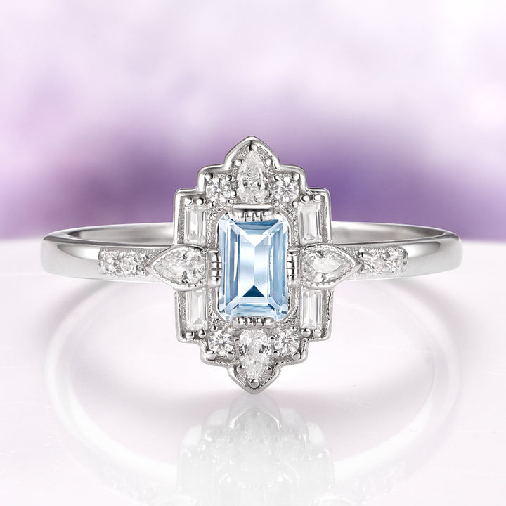 Art Deco Ice Blue Mosaic Aquamarine Engagement Ring in Sterling Silver
