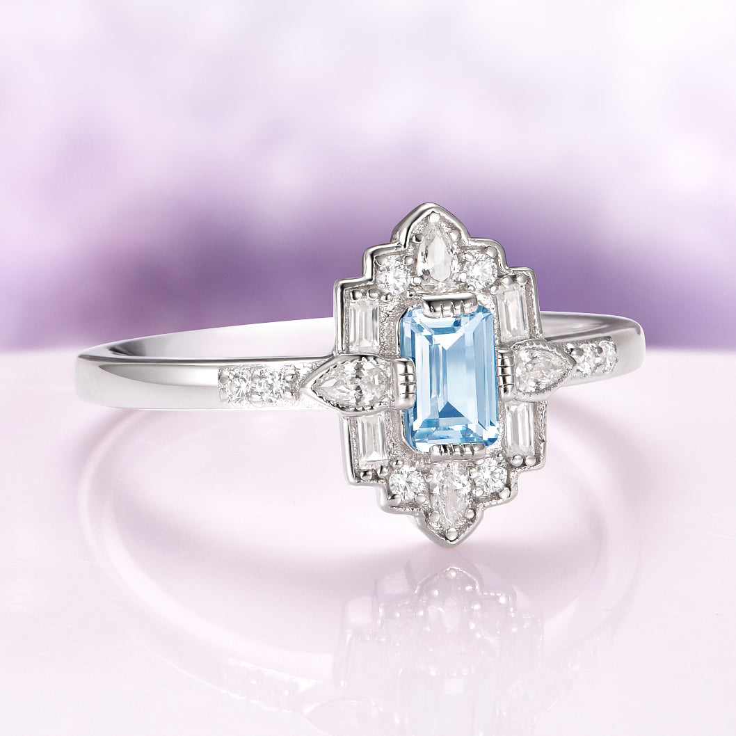 Art Deco Ice Blue Mosaic Aquamarine Engagement Ring in Sterling Silver