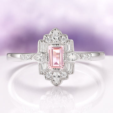 Art Deco Mosaic Morganite Couples Ring Set by Aquamarise featuring a rectangular pink morganite center stone surrounded by diamond accents on a sterling silver band.