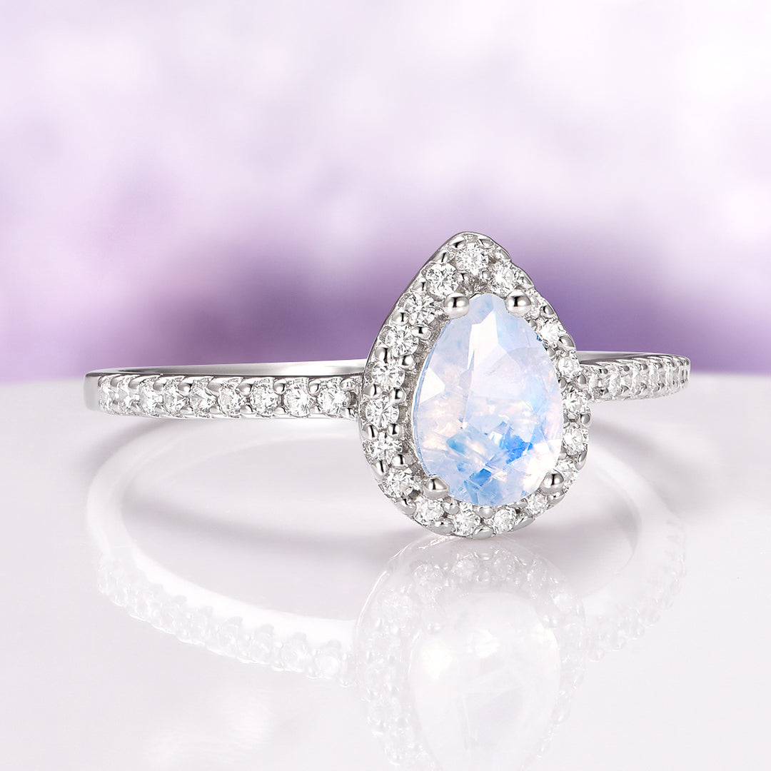Natural Moonstone Teardrop Halo Ring in Sterling Silver